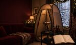 Mobile spray tan tent, HVLP gun and booking diary in a festive UK living room