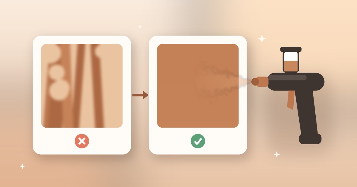 Illustration of a patchy, streaky spray tan swatch next to an even one, with a spray tan gun misting the even swatch